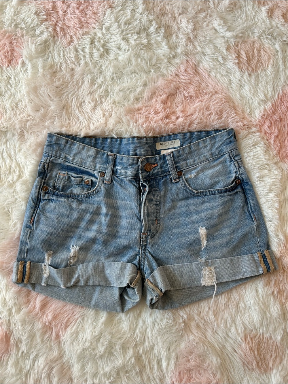 H&M Light Blue Distressed Rolled-Hem Denim Shorts